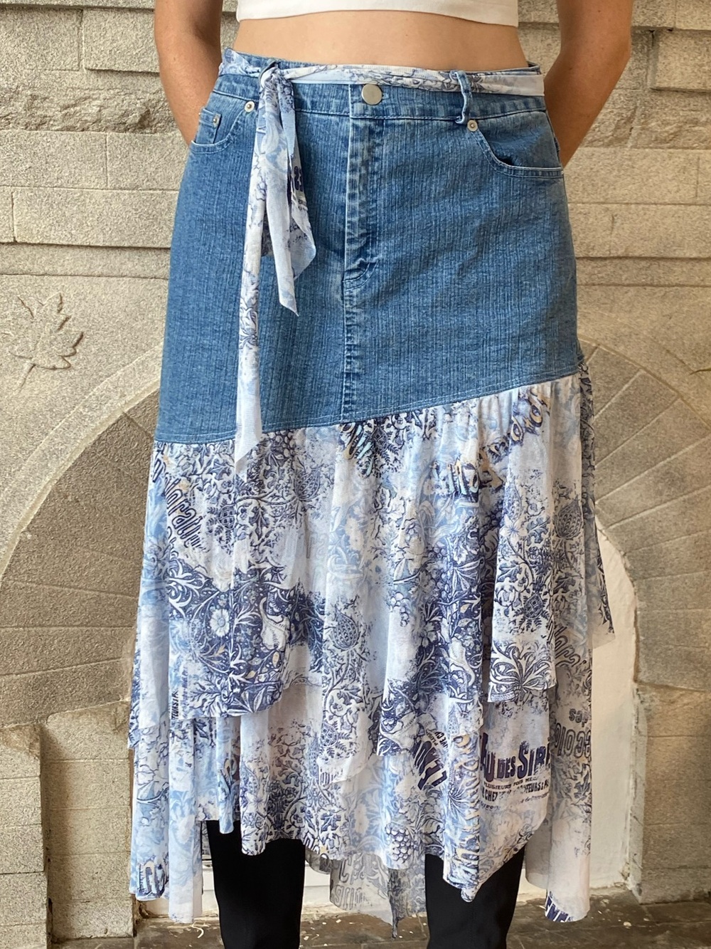 Denim & Blue Floral Patchwork Midi Skirt